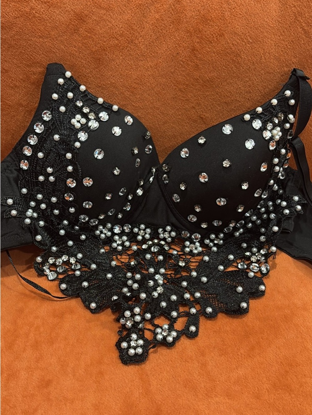 Embellished Black Lace & Pearl Bra — Sparkle-Trimmed Support